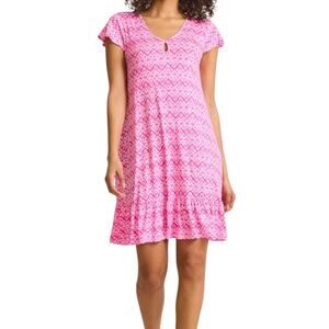Tommy Bahama Jersey Short Sleeve Sleep Dress Pink White Flutter Sleeves Small